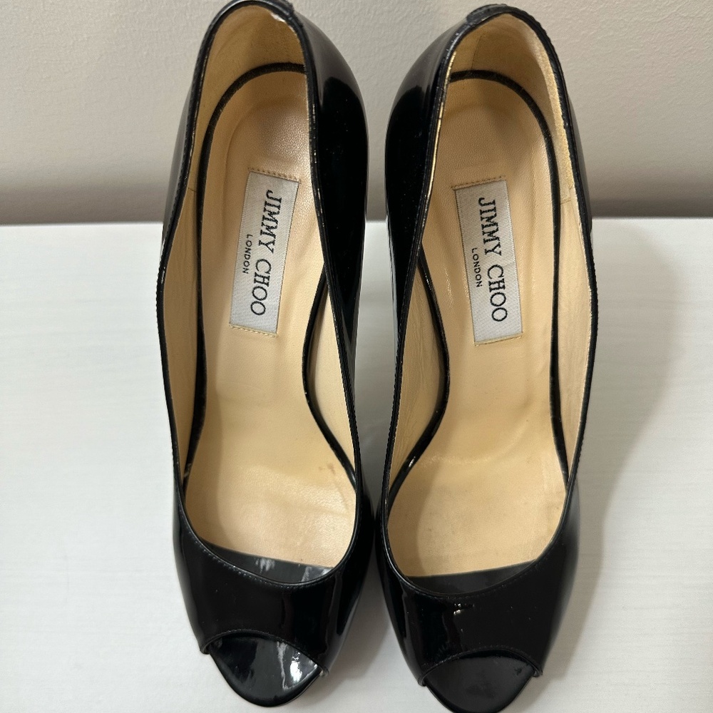 Jimmy Choo Black Patent Peep Toe Heels size 39 - Picture 2 of 9